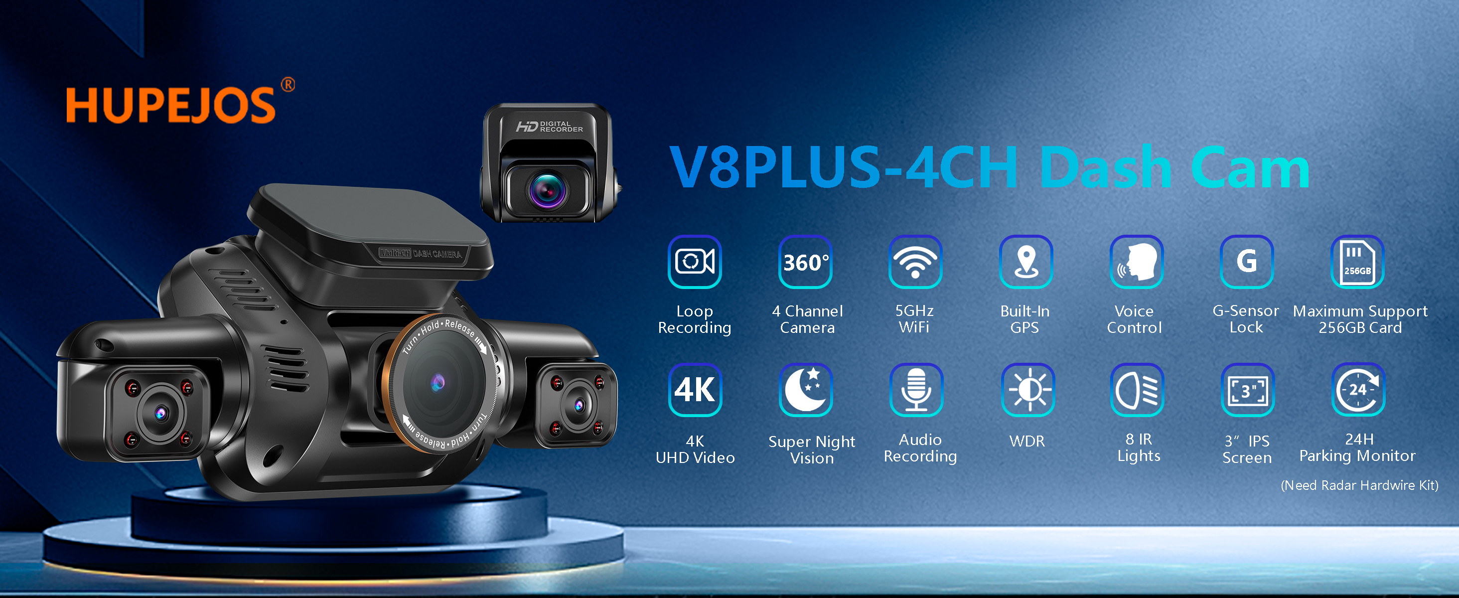 HUPEJOS 4 Channel Dash Cam Front and Rear, 5GHz WiFi GPS Dash
